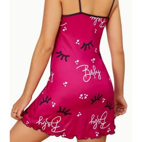 Eyelash Print Nightdress, Spaghetti Strap Sleep Dress.  Fun & Flirty!  Rose Red - Picture 2 of 4